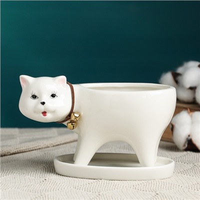 Декоративный горшок для цветов «Кошка», 250 мл, 15.5×7.5×9.5 см, с поддоном, керамика, белый, Greengo