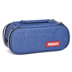 Пенал "Private" 22x9x8 см, овальный для 100 предметов, 3 отделения на молнии, 2 отделения с внутренним органайзером, текстильный, с ручкой, с каучуковой аппликацией, темно-синий