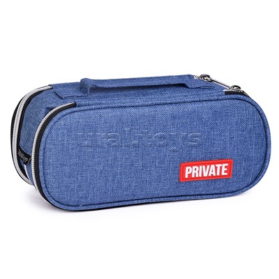 Пенал "Private" 22x9x8 см, овальный для 100 предметов, 3 отделения на молнии, 2 отделения с внутренним органайзером, текстильный, с ручкой, с каучуковой аппликацией, темно-синий