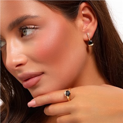 Комплект ювелирная бижутерия коллекция  "Дубай" серьги и кольцо 20 р, покрытие: позолота, вставка: фианиты, цвет: черный и прозрачный, арт.217.313-20