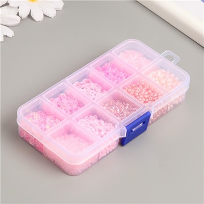 Бисер стекло 8/0, 12/0 в шкатулке «Розовый», бусины, стеклярус и пайетки, 13×6.5×2.3 см