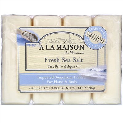 A La Maison de Provence, мыло для рук и тела, морская соль, 4 бруска по 100 г (3,5 унции) каждый