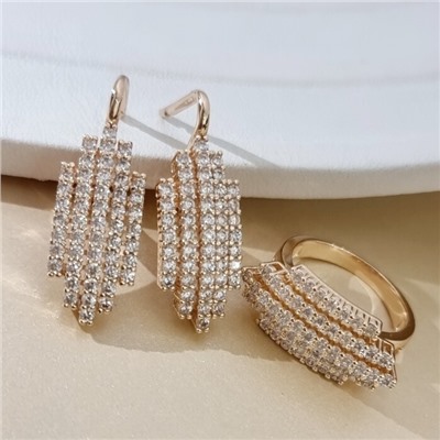 Комплект ювелирной бижутерии коллекция "Дубай" серьги и кольцо 18 р, покрытие позолота, вставка: цирконы, цвет: прозрачный, арт.215.714-18