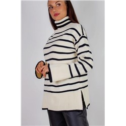 Теплая туника в полоску высокий ворот арт. 2918 (Молочный_черная полоса)