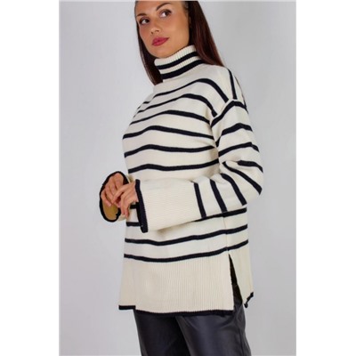 Теплая туника в полоску высокий ворот арт. 2918 (Молочный_черная полоса)