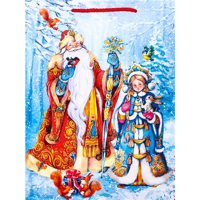 Пакет подарочный новогодний ламинированный, «Дед Мороз и снегурочка», 26×12×32 см