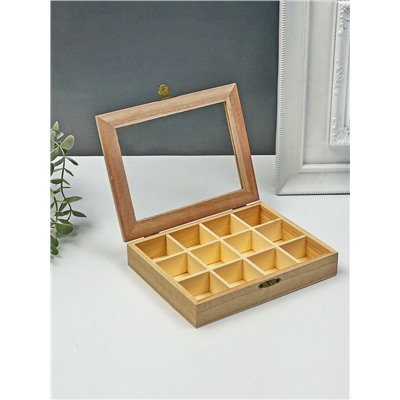 Шкатулка для росписи дерево «Прямоугольная со стеклянной вставкой», для творчества, декора, 12 отделений, 3.5×19×15 см