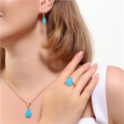 Комплект ювелирная бижутерия коллекция  "Дубай" серьги, кулон и кольцо 17 р, покрытие: позолота, вставка: пластик, цвет: бирюзовый, арт.215.423-17
