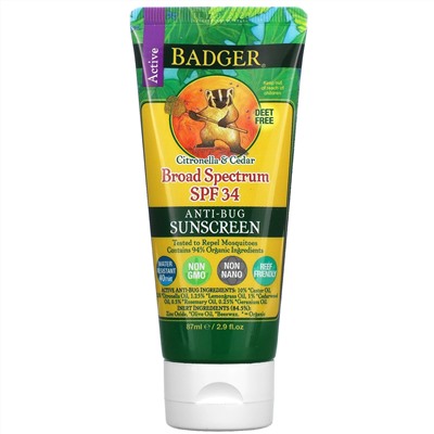 Badger Company, солнцезащитный крем против насекомых, SPFт34, цитронелла и кедр, 87 мл (2,9 жидк. унций)