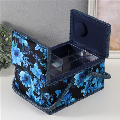 Шкатулка для рукоделия и шитья «Голубые цветы на синем», хранение ниток, иголок, мелочи, 19×26×14.5 см