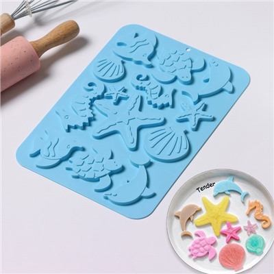 Форма для шоколада Доляна «Морская история», силикон, 23×16×0.5 см, 13 ячеек, голубая