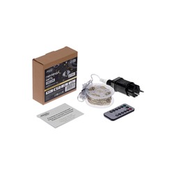 Гирлянда «Нить» 50 м роса, IP44, серебристая нить, 500 LED, пульт, 36 В, свечение тёплое белое