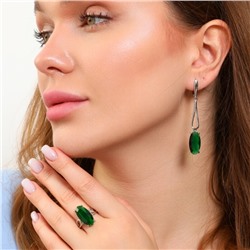 Комплект ювелирной бижутерии коллекция серьги и кольцо 17 р, покрытие: посеребрение, вставка: фианит, цвет: зеленый, арт.213.763-17