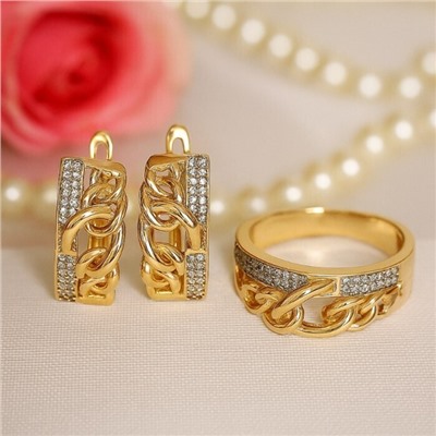 Комплект ювелирной бижутерии Итальянское золото (покрытие желтое 14к) серьги и кольцо 19 р, вставка: фианиты, цвет: прозрачный, арт.217.391-19