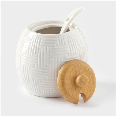 Набор фарфоровый сервировочный BellaTenero, 4 предмета: молочник 250 мл, сахарница с крышкой 250 мл, ложка, бамбуковая подставка, белая