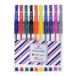 Набор ручек гелевых "Attomex" 10 стандартных цветов, d=0,5 мм, прозрачный корпус с металлическим наконечником и каучуковым держателем, сменный стержень, в пластиковом блистере