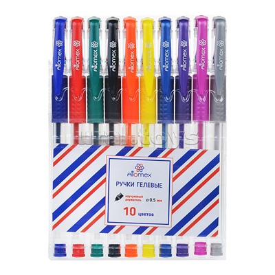 Набор ручек гелевых "Attomex" 10 стандартных цветов, d=0,5 мм, прозрачный корпус с металлическим наконечником и каучуковым держателем, сменный стержень, в пластиковом блистере