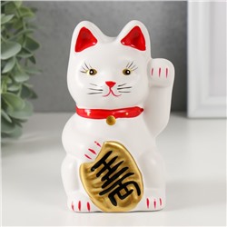 Копилка для денег «Белый кот Манэки-нэко с колокольчиком», керамика, 8×7.5×13 см