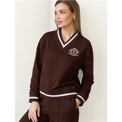 Свитшот среднего объема с V вырезом и принтом из футера двухнитки с эластаном