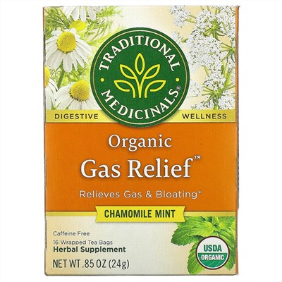 Traditional Medicinals, Organic Gas Relief, без кофеина, ромашка и мята, 16 чайных пакетиков в упаковке, 24 г (0,85 унции)