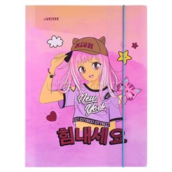 Папка на  резинках  "Manga Girl" A4  400 мкм, тиснение малиновой фольгой, вертикальная резинка, 3 клапана, индивидуальная упаковка