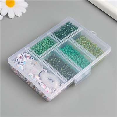 Бисер стекло 8/0 в шкатулке «Зелёный», бусины + нить 0.8 мм, 5 м, 12×8.4×2.2 см