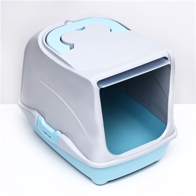 Туалет-домик для кошек закрытый с дверцей 43×32×33 см, бирюзово-серый