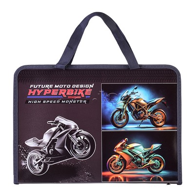 Папка для труда А4, молния вокруг, печать на пластике, ручки-тесьма "HYPERBIKE"