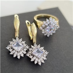 Комплект ювелирной бижутерии Итальянское золото (покрытие желтое 14к), серьги и кольцо, вставка: фианиты, р-р 17, 014, арт. 217.015-17