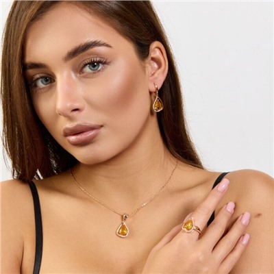 Комплект ювелирной бижутерии коллекция "Дубай" серьги, кулон и кольцо 17 р покрытие позолота, вставка: стекло и цирконы, цвет: желтый и прозрачный, арт.215.553-17