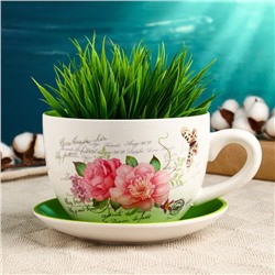 Горшок для цветов в форме чашки «Эмма: цветы» керамический, с поддоном, 1.3 л, 19×15×10 см, бело-зелёный с рисунком