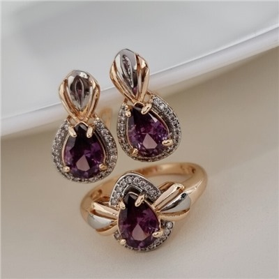 Комплект ювелирной бижутерии коллекция "Дубай" серьги и кольцо 19 р, покрытие позолота, вставка: фианиты, цвет: фиолетовый и прозрачный, арт.215.526-19