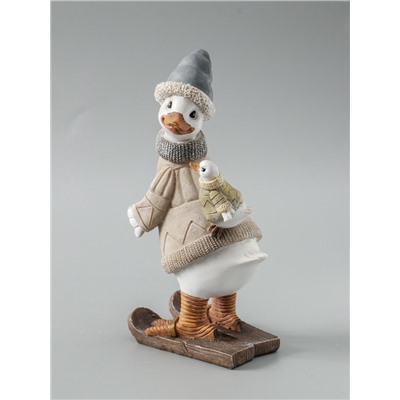 УЦЕНКА Сувенир полистоун "Гусь на лыжах, с гусёнком на спине" серо-бежевый 9,5х13,5х23,5 см 103259