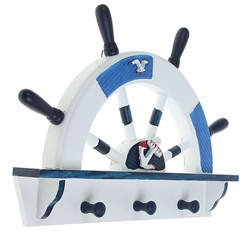 Вешалка настенная «Штурвал», крючки декоративные, 3 крючка на панно, бело-синяя, 45×28×5 см