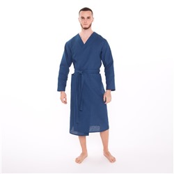 Халат вафельный запашной мужской, размер 52, хлопок 100%, синий