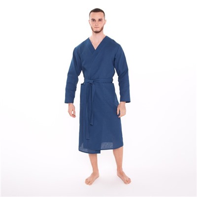 Халат вафельный запашной мужской, размер 52, хлопок 100%, синий