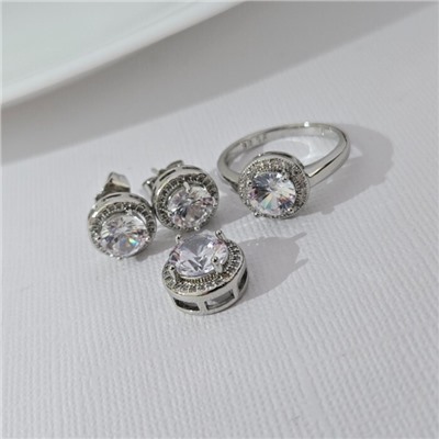 Комплект ювелирной бижутерии серьги, кулон и кольцо 17 р покрытие посеребрение, вставка: фианиты, цвет: прозрачный, арт.313.253-17