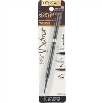 L'Oreal, Карандаш для бровей Brow Stylist Definer, сверхтонкий наконечник, оттенок 390 «Темный брюнет», 90 мг