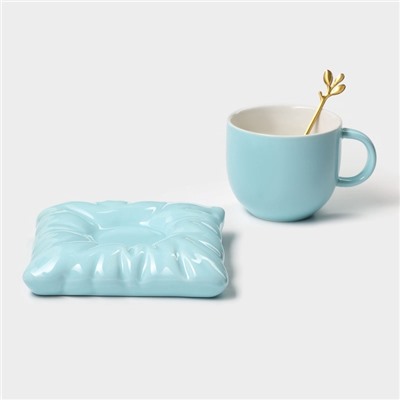 Чайная пара «Зефирка», 3 предмета: чашка 250 мл, блюдце d=13.7 см, ложка, керамика, голубая