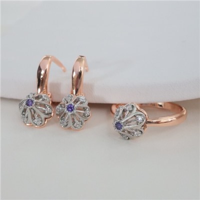 Комплект ювелирной бижутерии коллекция "Дубай" серьги и кольцо 18 р, покрытие позолота, вставка: фианиты, цвет: фиолетовый, арт.213.973-18