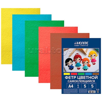 Фетр цветной мягкий самоклеящийся A4 5 цв, 5 л "Яркие цвета" толщина 1 мм, пластиковый пакет с европодвесом