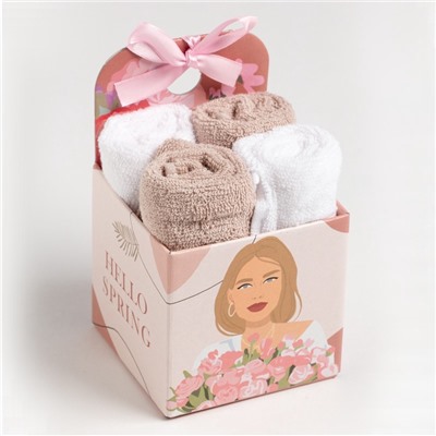 Салфетки махровые декоративные «Этель» Spring, 4 шт., 30×30 см, хлопок 100%, бежевые/белые