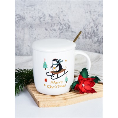 Кружка новогодняя с крышкой, ложка / HB-A2096 /уп 60/