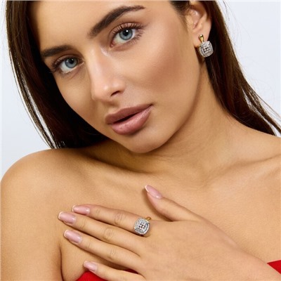 Комплект ювелирной бижутерии Итальянское золото (покрытие желтое 14к) серьги и кольцо 18 р, вставка: фианиты, цвет: прозрачный, арт.217.386-18