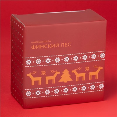 Чайная пара новогодняя Доляна «Финский лес», чашка 210 мл, блюдце d=15 см, фарфор, белая