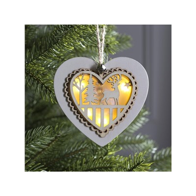 Ёлочная игрушка «Сердце с оленем», 10×10×2 см, 3 LED, от батареек, свечение тёплое белое