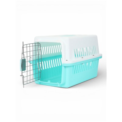 Переноска для животных, 49×31×31 см, с металлической дверью, пластик, белая, бирюзовая