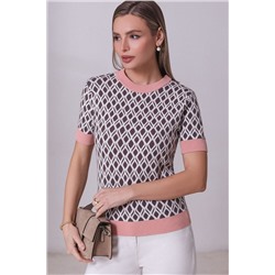 Джемпер с коротким рукавом жаккардовой вязки с принтом ромб VILATTE, 1229091