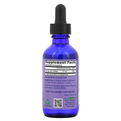 Eidon Mineral Supplements, Ionic Minerals, цинк, жидкий концентрат, 60 мл (2 унции)