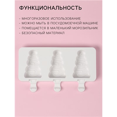 Форма для мороженого новогодняя «Ёлочка», силикон, 19.5×13×2.5 см, 3 ячейки (7.1×2.7 см), белая